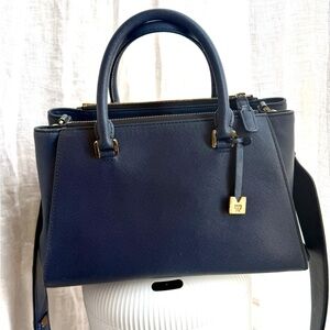 MCM Navy Blue Leather Satchel w/ Strap & Gold Hardware